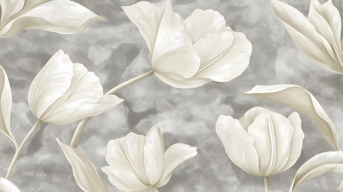 Cream Tulip Wallpaper Mural Elegant Neutral Floral Design on Gray Background Mural Wallpaper - room preview 02