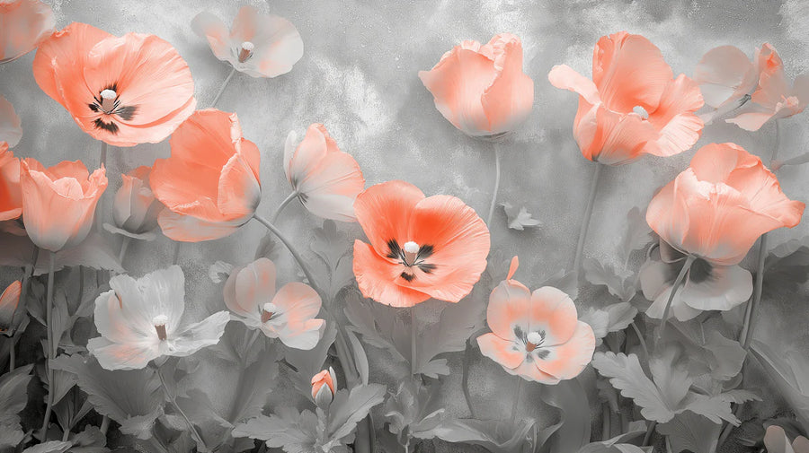 Floral Wallpaper Mural – Flower Wallpaper – Coral Poppy Floral — Soft Artistic Design printable artwork
