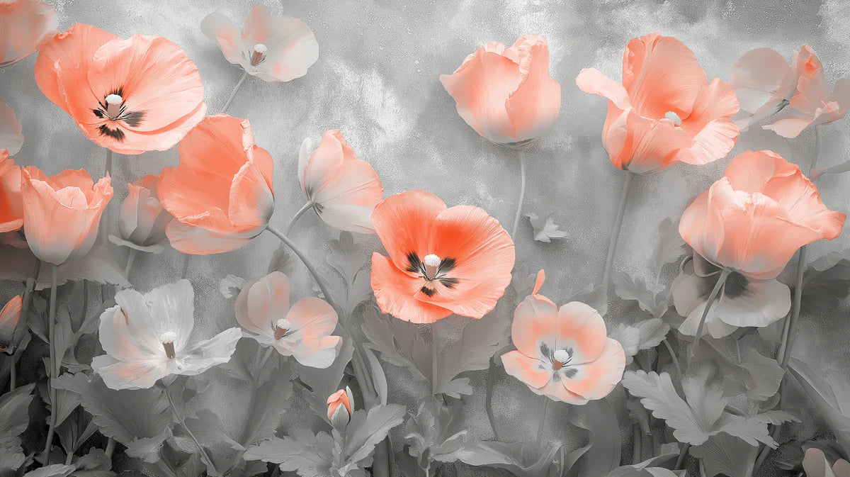Coral Poppy Floral Mural Wallpaper — Soft Artistic Design Mural Wallpaper - room preview 02