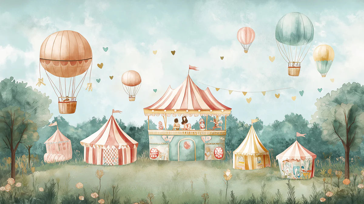 Hot Air Balloon Carnival Mural Wallpaper — Whimsical Kids Scene Mural Wallpaper - room preview 02