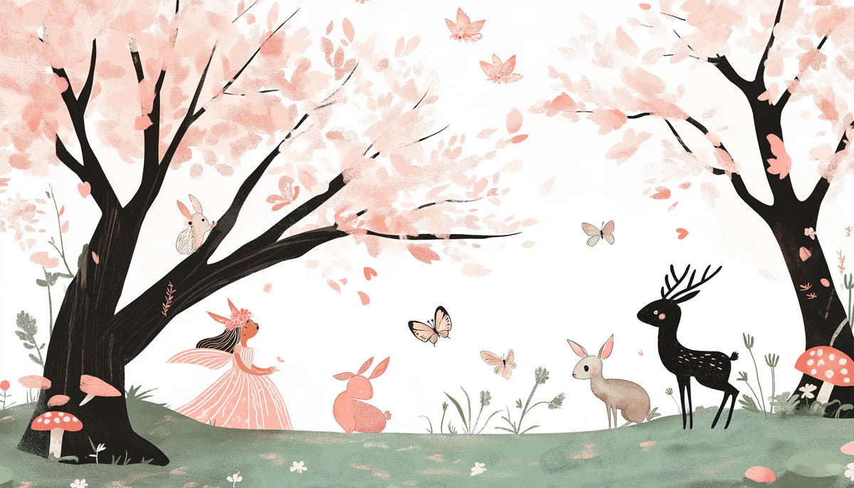 Blush Cherry Blossom Woodland Mural Wallpaper — Whimsical Fairy Scene Mural Wallpaper - room preview 02