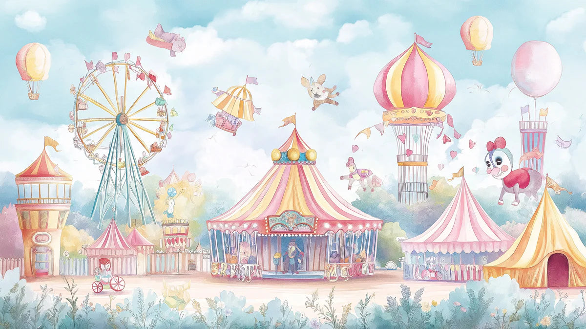 Whimsical Carnival Fairground Mural Wallpaper in Soft Pastels Mural Wallpaper - room preview 02
