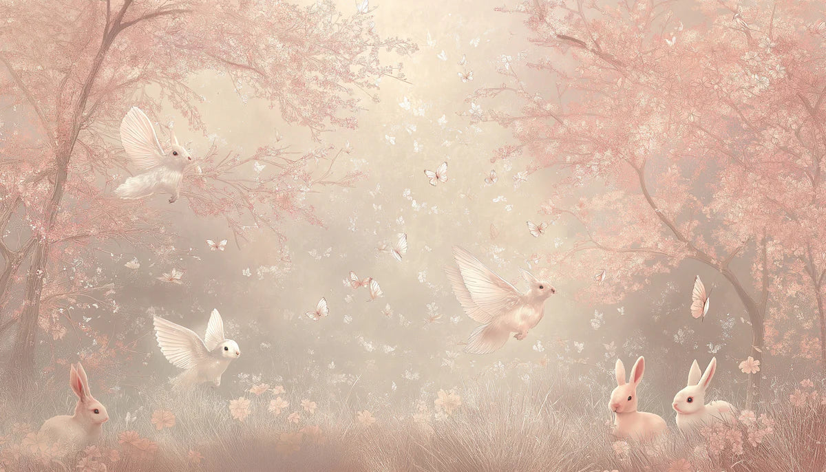 Winged Bunny Forest Mural Wallpaper — Soft Blush Woodland Scene Mural Wallpaper - room preview 02