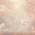 Winged Bunny Forest Mural Wallpaper — Soft Blush Woodland Scene Mural Wallpaper - room preview 02