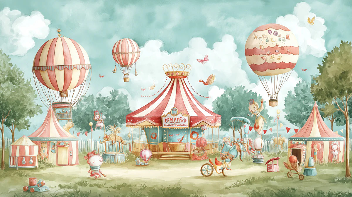 Whimsical Circus Adventure Mural Wallpaper — Pastel Fairground Scene Mural Wallpaper - room preview 02