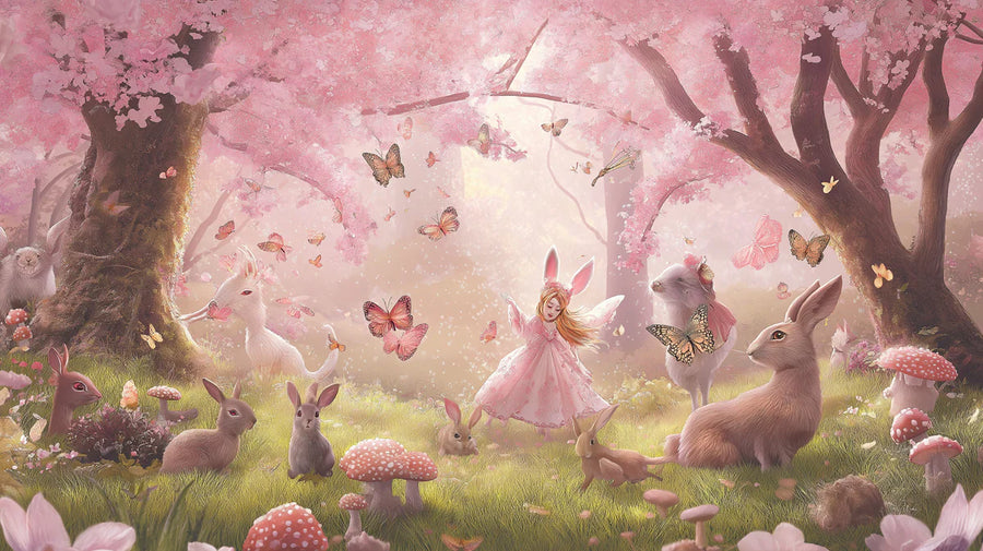 Woodland Nursery Wallpaper Mural – Baby Animals Wall Mural – Pink Blossom Bunny Grove — Whimsical Storybook Scene printable artwork
