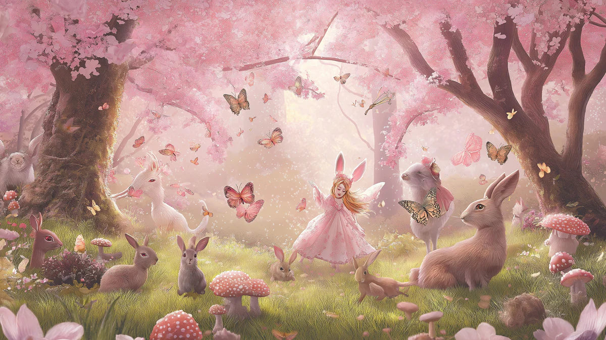 Pink Blossom Bunny Grove Mural Wallpaper — Whimsical Storybook Scene Mural Wallpaper - room preview 02