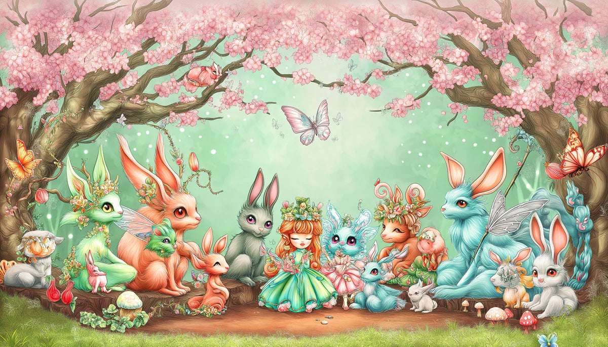 Enchanted Bunny Garden Mural Wallpaper — Whimsical Fantasy Scene Mural Wallpaper - room preview 02