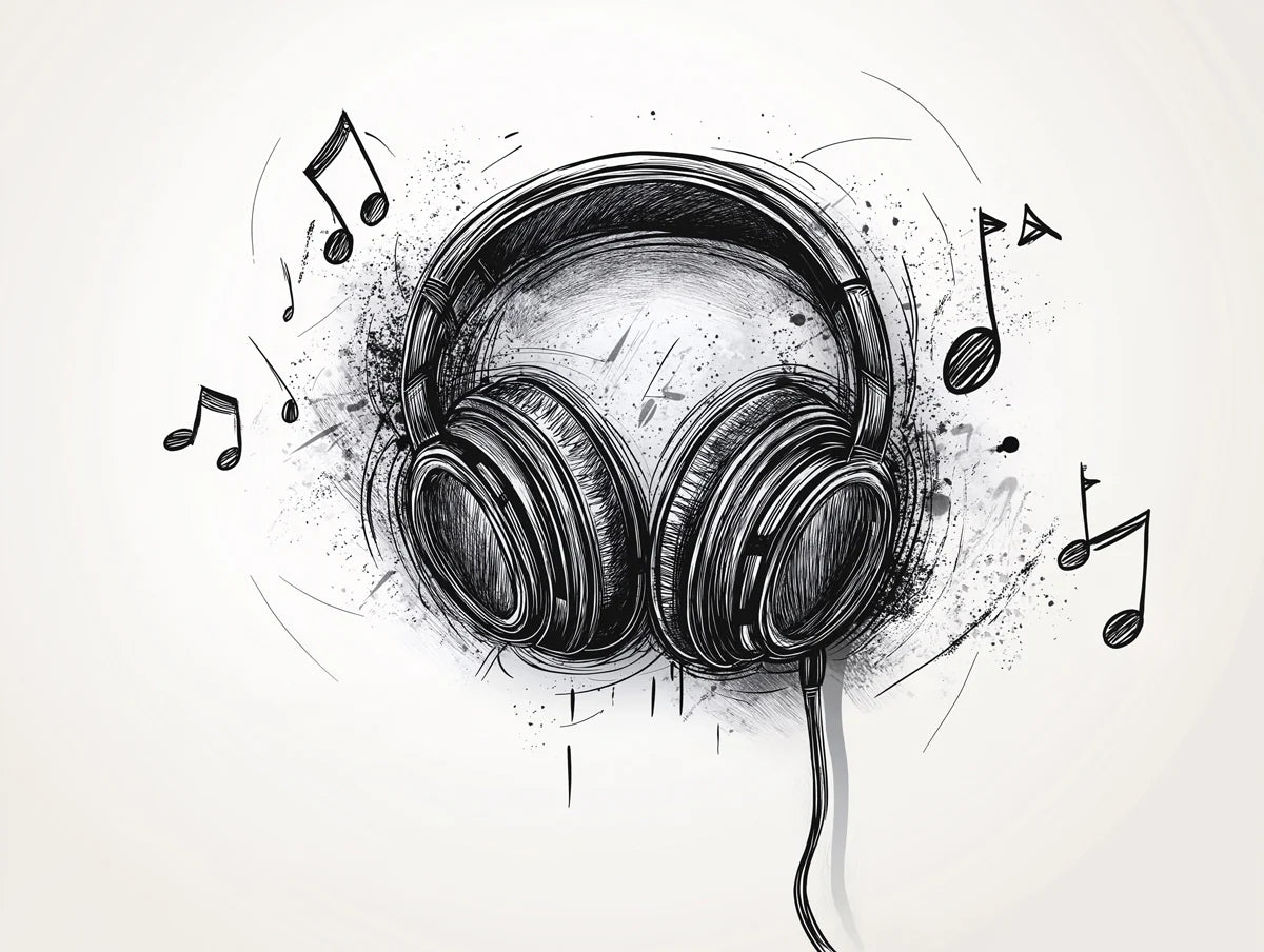 Headphones and Musical Notes Sketch Mural Wallpaper - room preview 02