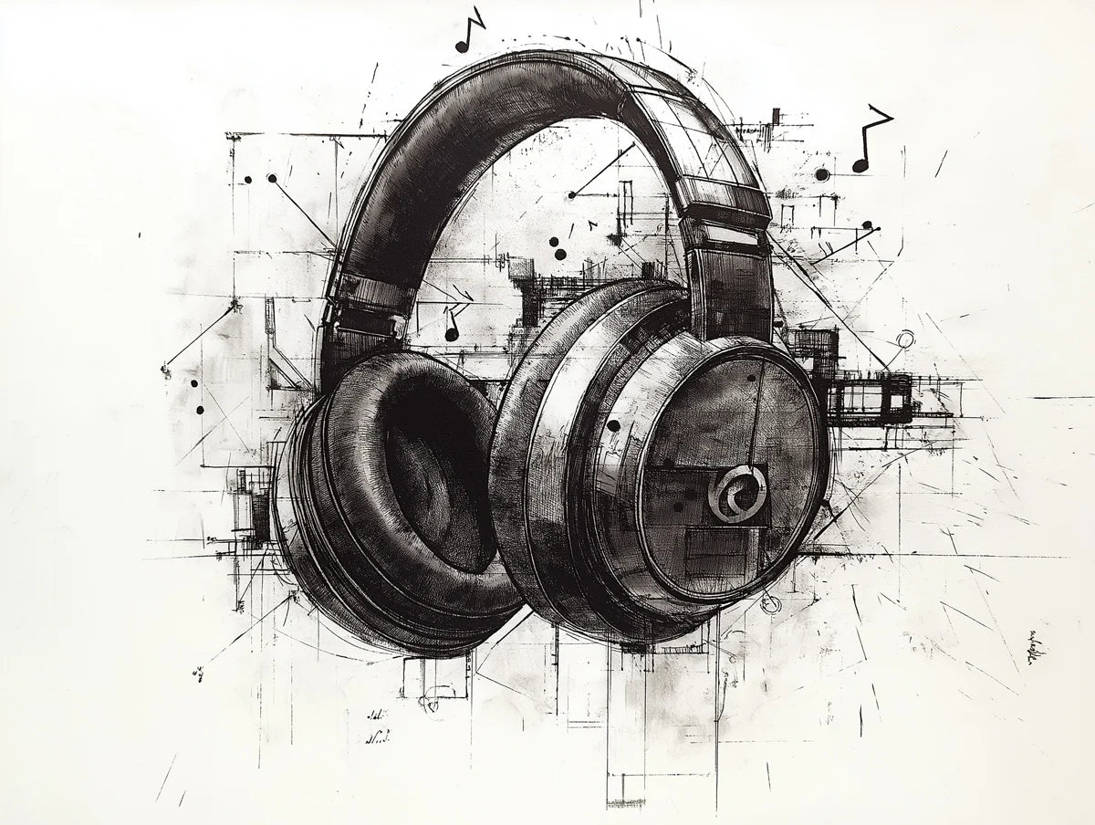 Industrial Headphones Sketch Mural Wallpaper — Artistic Monochrome Mural Wallpaper - room preview 02
