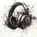 Industrial Headphones Sketch Mural Wallpaper — Artistic Monochrome Mural Wallpaper - room preview 02