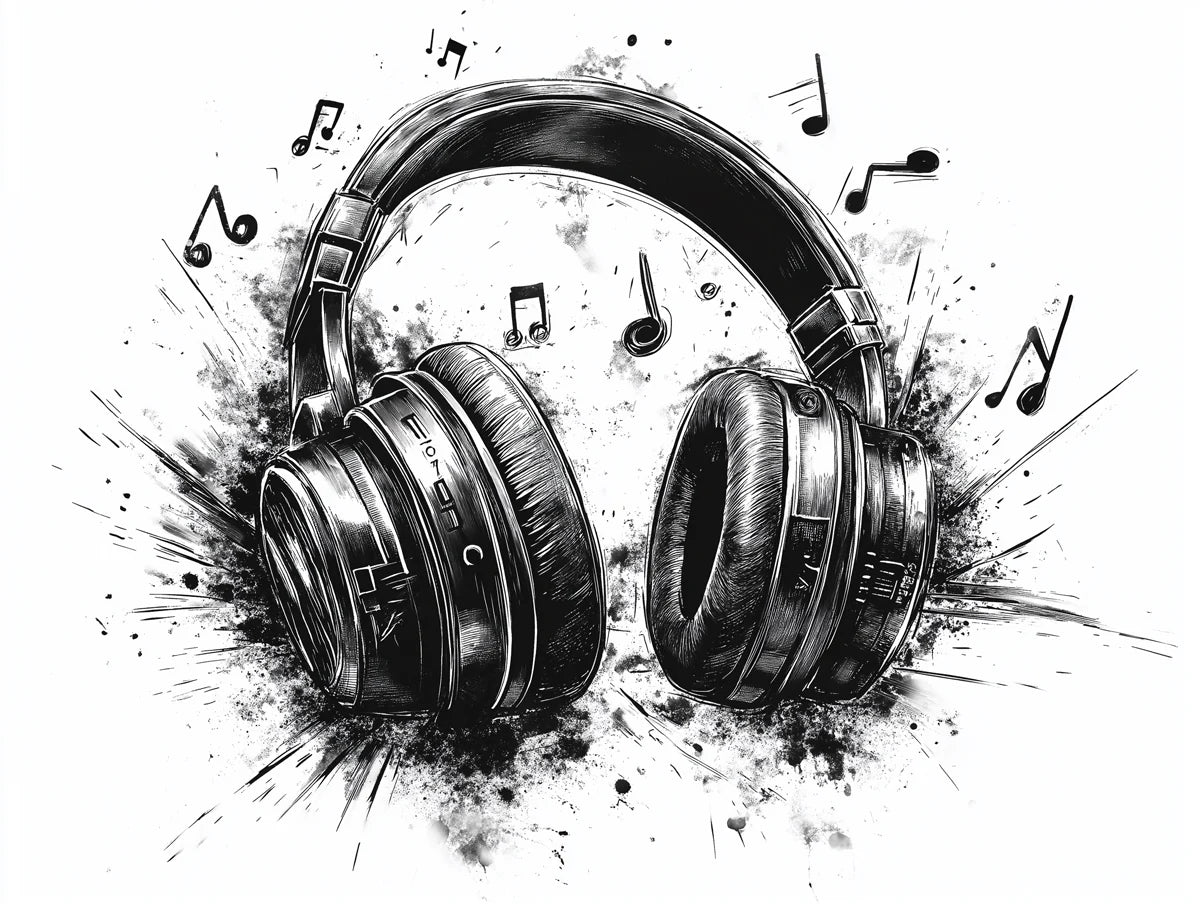 Explosive Headphones Mural Wallpaper — Artistic Music Sketch Mural Wallpaper - room preview 02