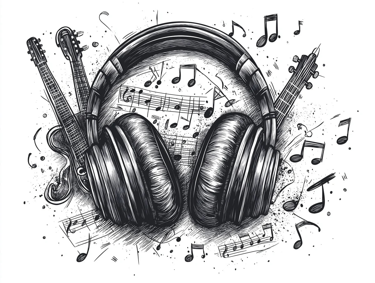 Musical Headphones Mural Wallpaper — Artistic Line Art Design Mural Wallpaper - room preview 02