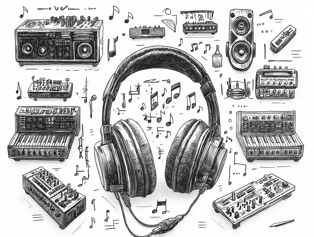 Retro Audio Sketch Mural Wallpaper — Hand-Drawn Musical Motif Mural Wallpaper - room preview 02