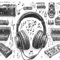 Retro Audio Sketch Mural Wallpaper — Hand-Drawn Musical Motif Mural Wallpaper - room preview 02
