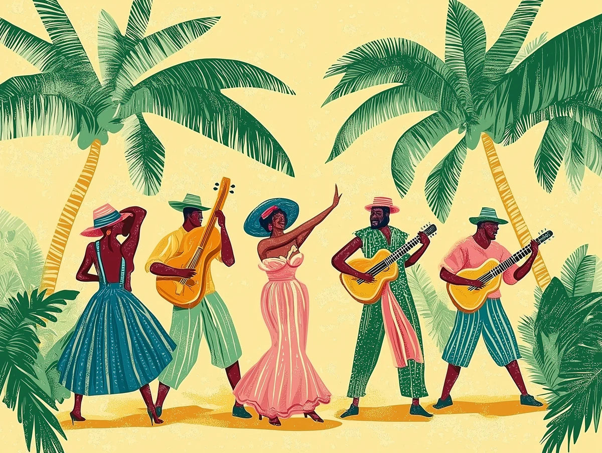 Caribbean Rhythm Mural Wallpaper — Retro Palm and Music Scene Mural Wallpaper - room preview 02
