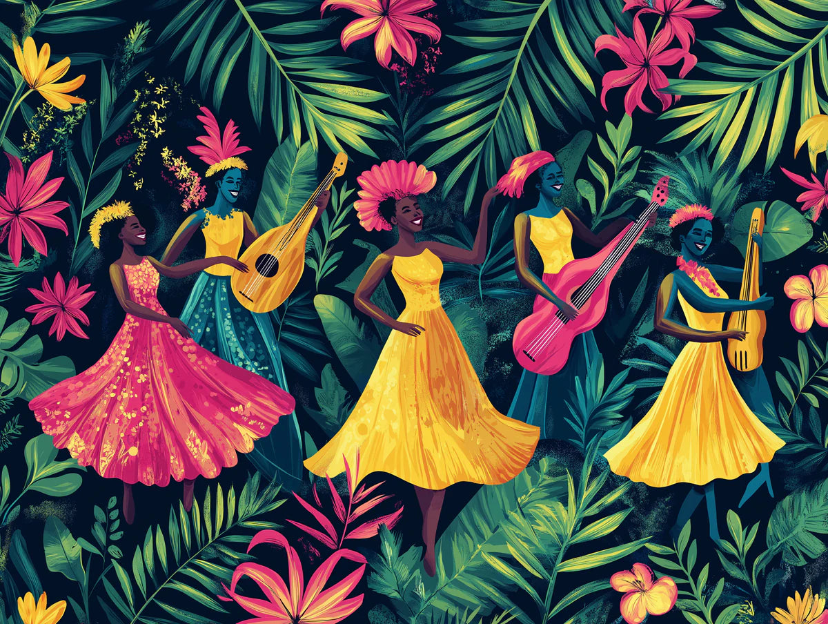 Tropical Rhythms Mural Wallpaper — Vibrant Island Garden Scene Mural Wallpaper - room preview 02