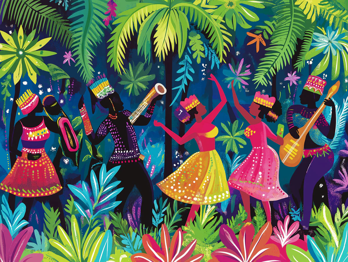 Jungle Festival Mural Wallpaper — Vibrant Tropical Dancers Pattern Mural Wallpaper - room preview 02