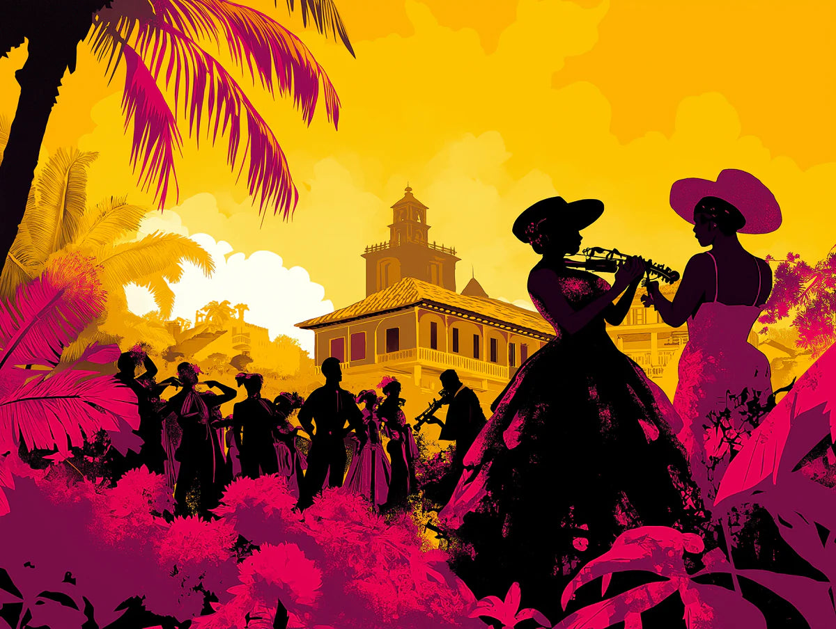 Latin Fiesta Mural Wallpaper — Sunset Silhouette Scene Mural Wallpaper - room preview 02