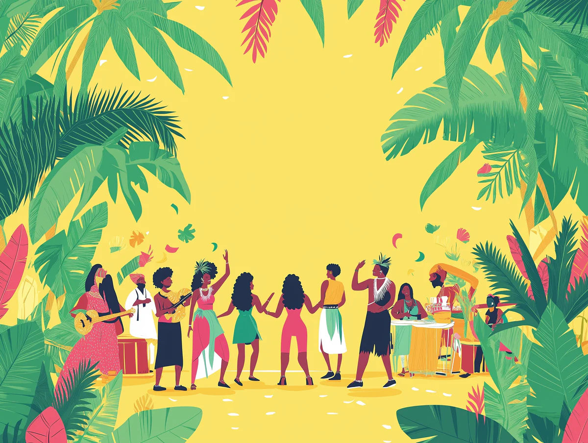 Island Celebration Mural Wallpaper — Tropical Festive Scene Mural Wallpaper - room preview 02