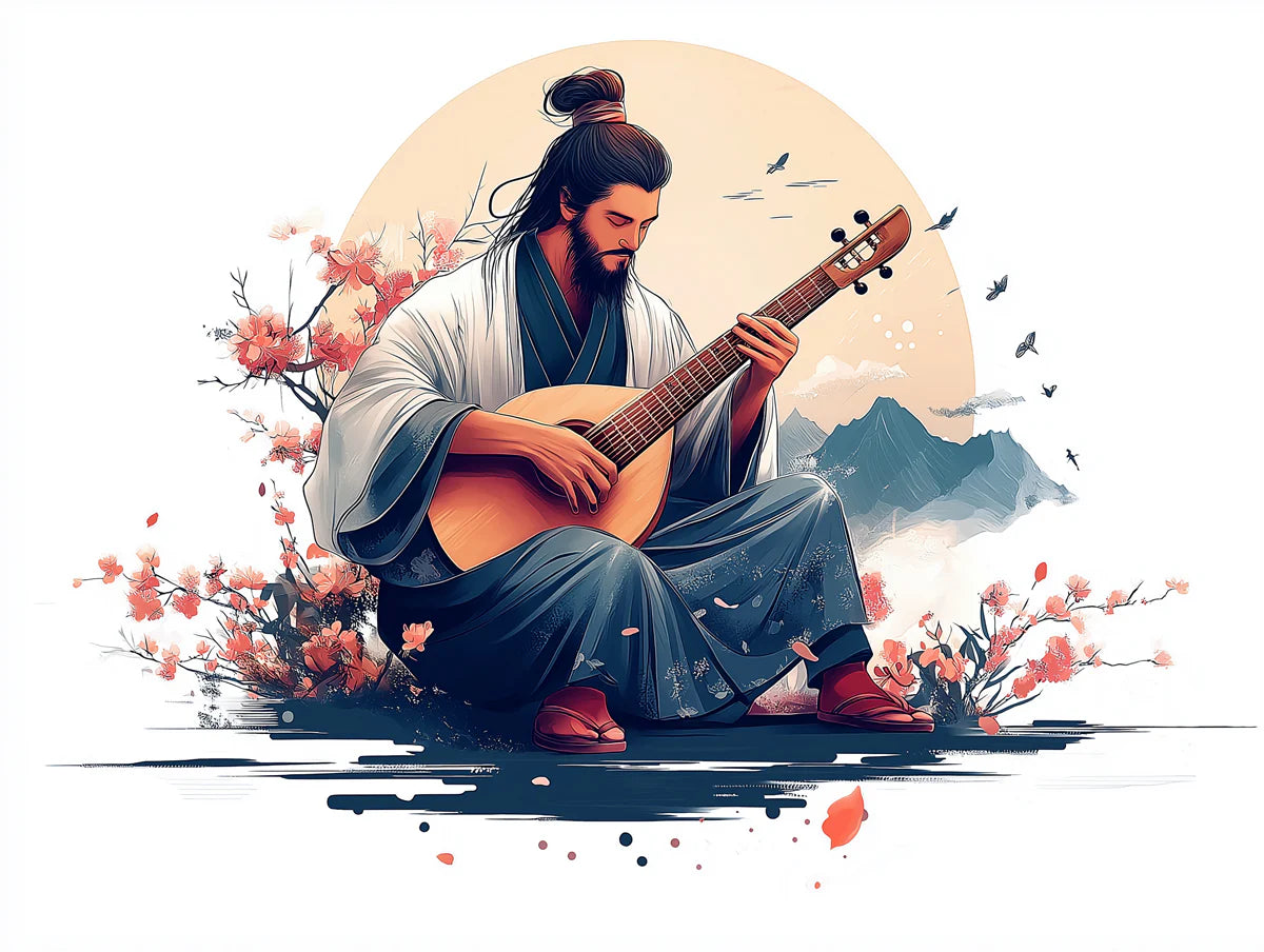 Traditional Pipa Player Mural Wallpaper — Artistic Ink Wash Style Mural Wallpaper - room preview 02