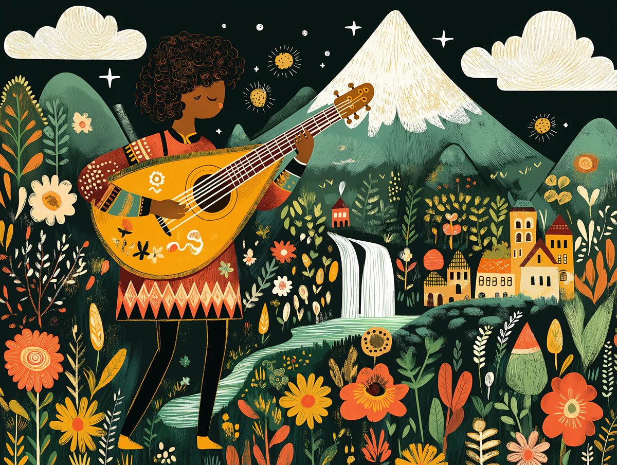 Folk Art Musician Mural Wallpaper — Whimsical Floral Mountain Scene Mural Wallpaper - room preview 02