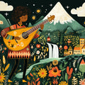 Folk Art Musician Mural Wallpaper — Whimsical Floral Mountain Scene Mural Wallpaper - room preview 02