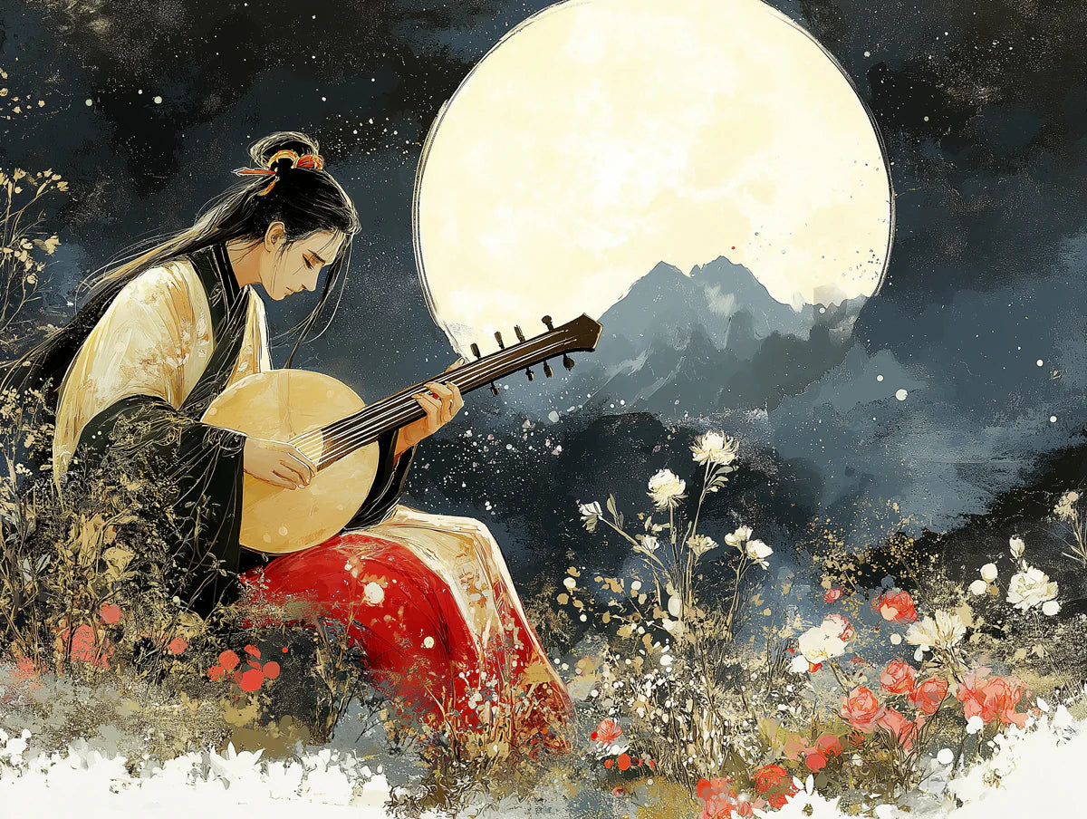 Moonlit Pipa Musician Mural Wallpaper — Traditional Ink Art Mural Wallpaper - room preview 02