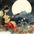 Moonlit Pipa Musician Mural Wallpaper — Traditional Ink Art Mural Wallpaper - room preview 02