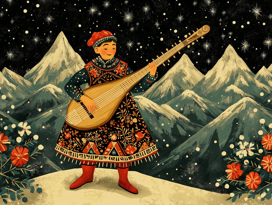 Mountain Landscape Wallpaper Mural – Alpine Scenery Wall Mural – Starlit Lute Player — Alpine Folklore Scene printable artwork