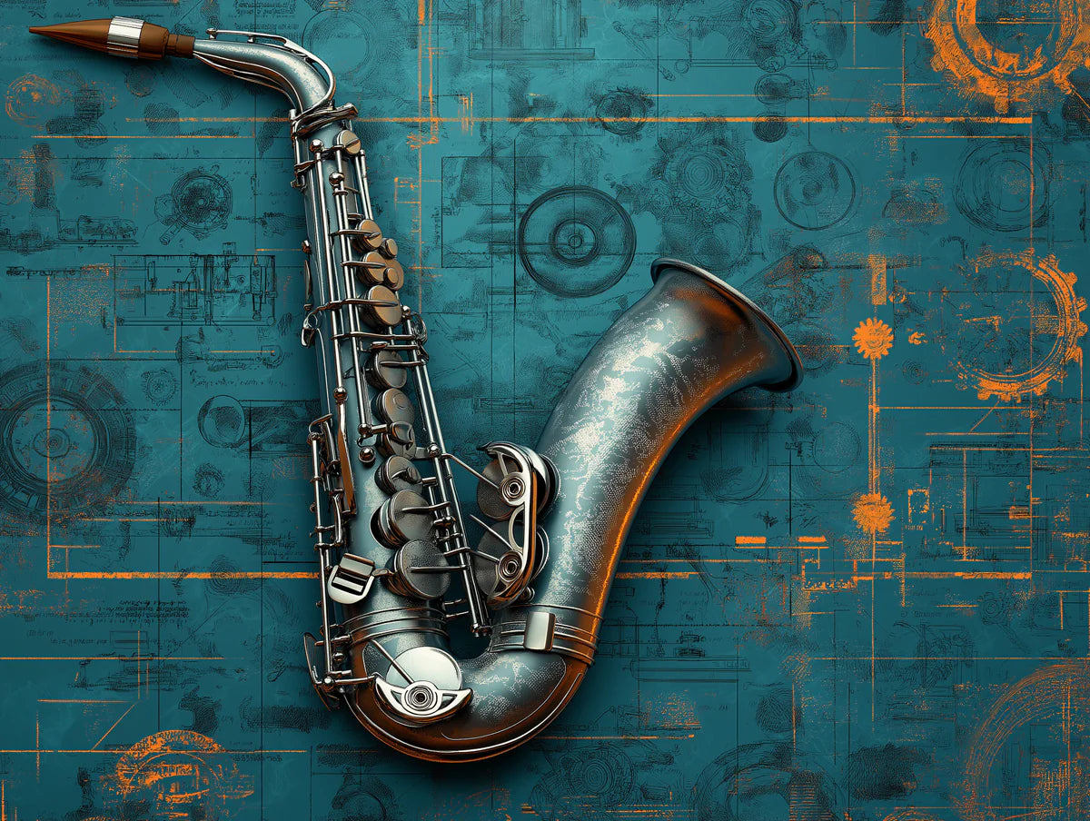 Jazz Saxophone Blueprint Mural Wallpaper — Industrial Artistic Style Mural Wallpaper - room preview 02