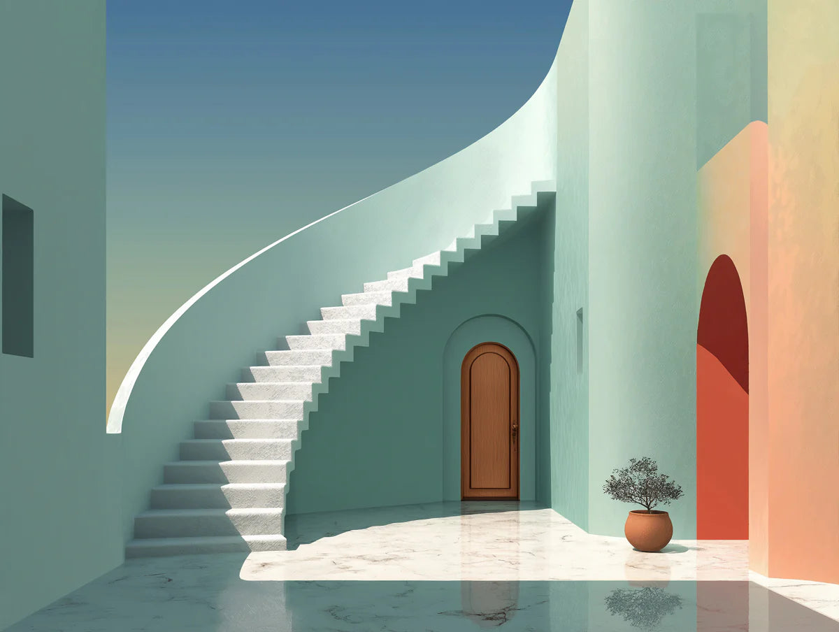 Minimalist Archway Staircase Mural Wallpaper — Modern Mediterranean Mural Wallpaper - room preview 02