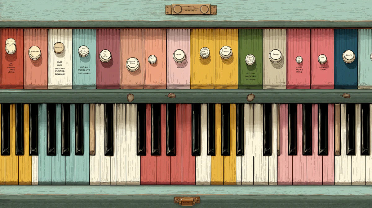 Vintage Organ Keys Mural Wallpaper — Retro Musical Illustration Mural Wallpaper - room preview 02