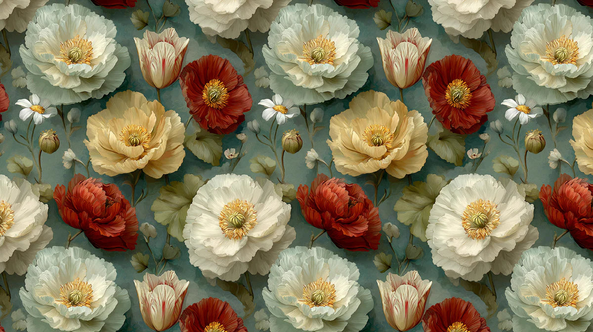 Grand Botanical Floral Mural Wallpaper in Crimson and Ochre Mural Wallpaper - room preview 02