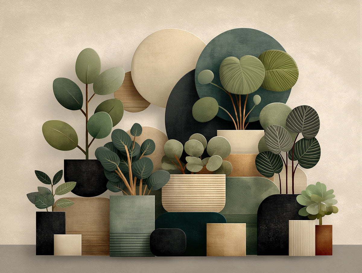 Abstract Potted Plants Mural Wallpaper — Modern Botanical Art Mural Wallpaper - room preview 02