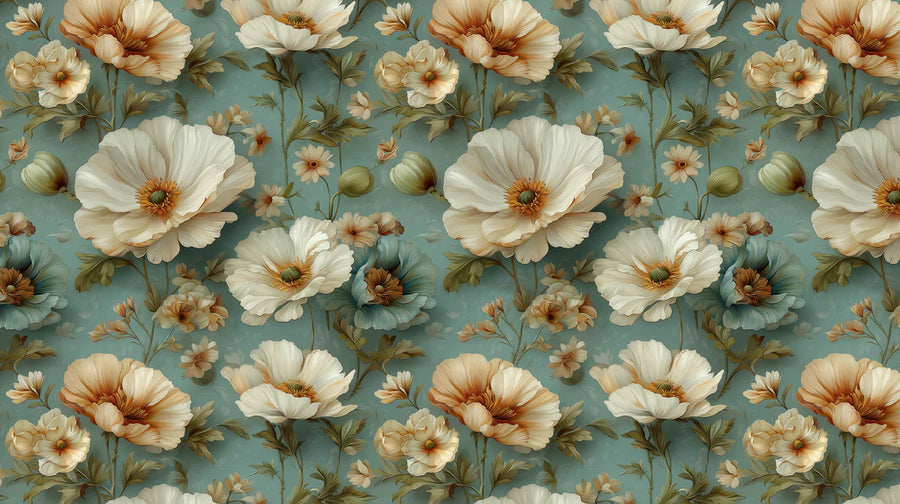 Floral Wallpaper Mural – Flower Wallpaper – Vintage Peony Botanical — Soft Teal & Cream printable artwork