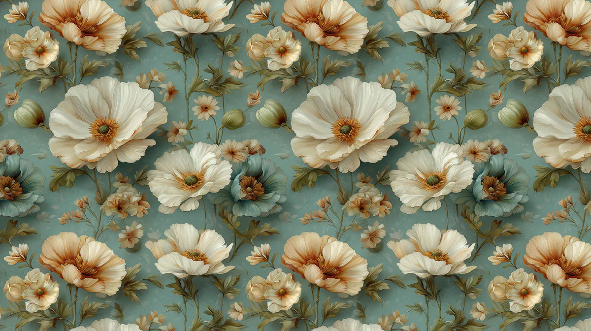 Vintage Peony Botanical Mural Wallpaper — Soft Teal & Cream Mural Wallpaper - room preview 02