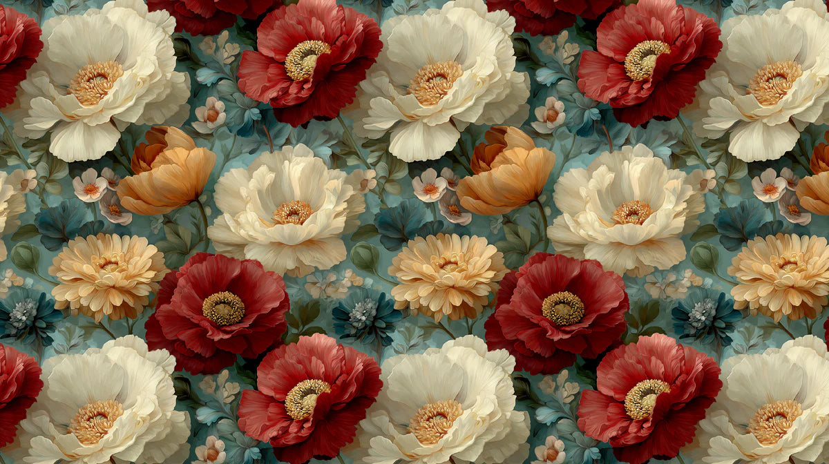 Opulent Peony and Chrysanthemum Floral Mural Wallpaper - room preview 02