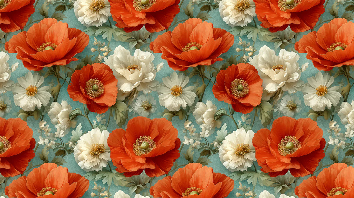 Orange Poppy and Daisy Floral Mural Wallpaper — Bright Botanical Mural Wallpaper - room preview 02