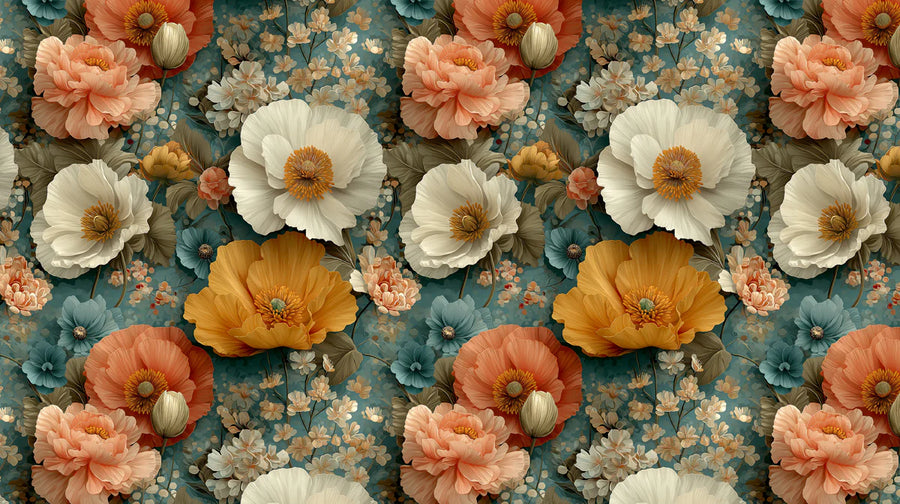 Papier peint mural floral vintage — Papier peint mural motifs floraux pêches, sarcelle et ocre printable artwork