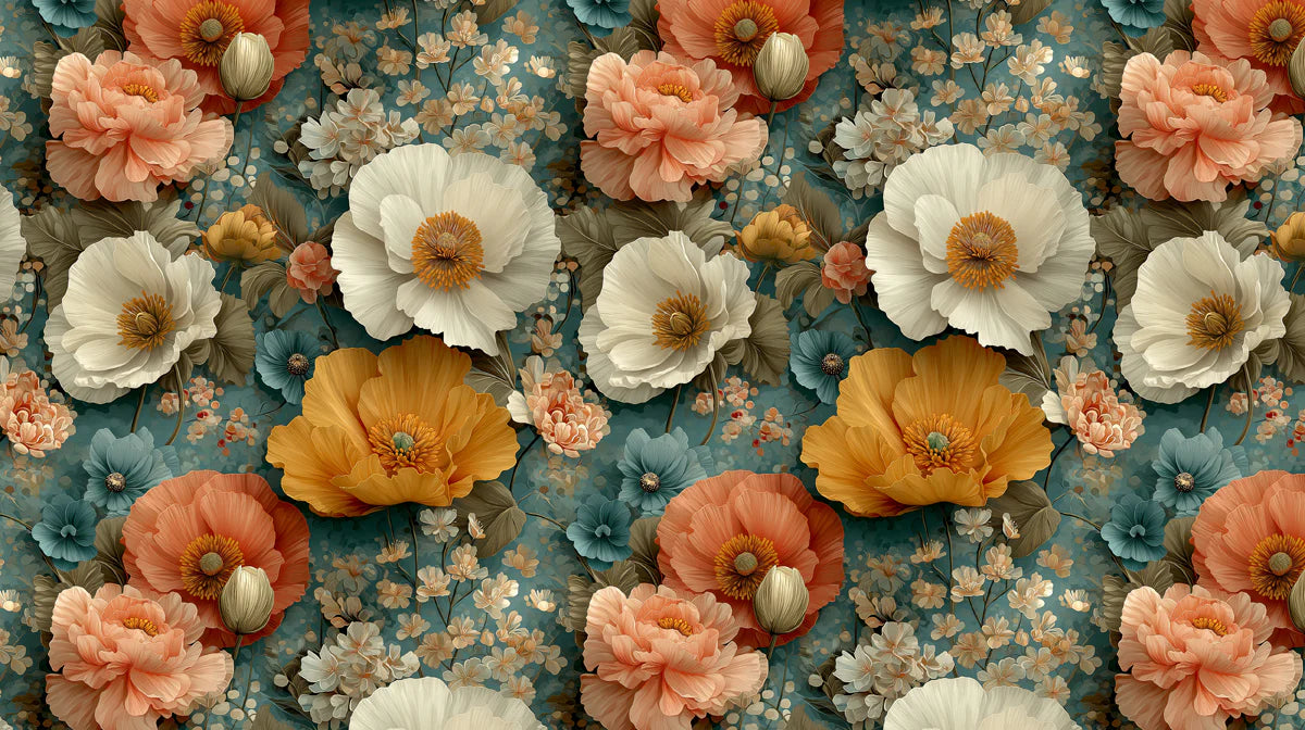 Vintage Floral Mural Wallpaper — Peach, Teal and Ochre Blooms Mural Wallpaper - room preview 02