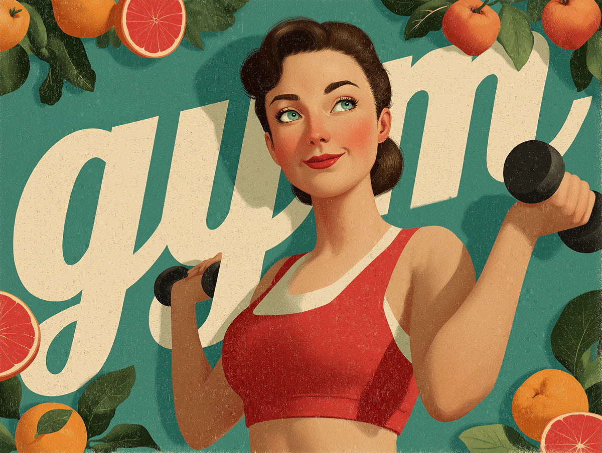 Retro Fitness Girl Mural Wallpaper —Mid-Century Gym Art Mural Wallpaper - room preview 02