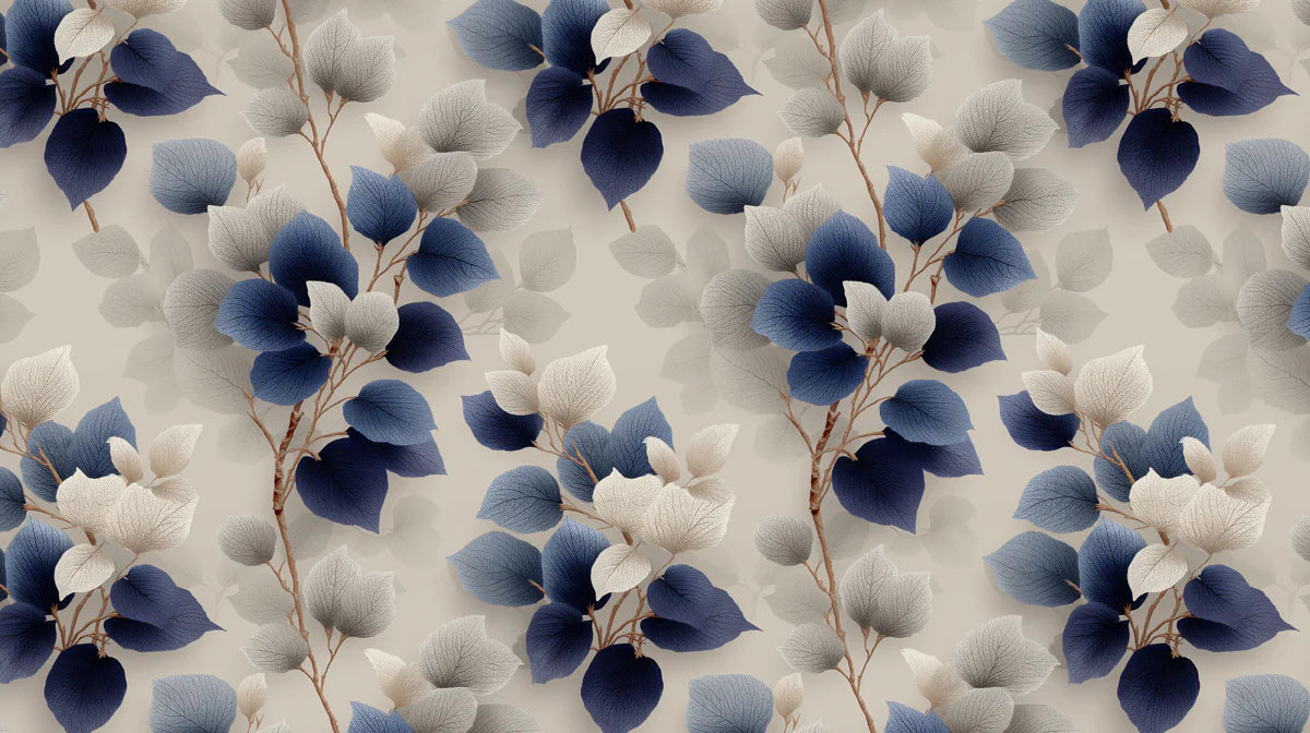 Botanical Trails Mural Wallpaper — Navy and Warm Beige Leaves Mural Wallpaper - room preview 02
