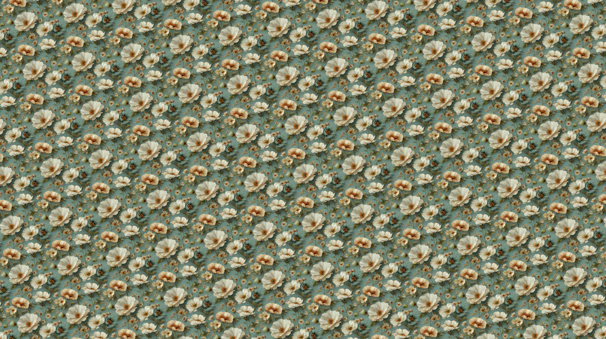 Vintage Floral Field Mural Wallpaper — Muted Teal and Cream Mural Wallpaper - room preview 02