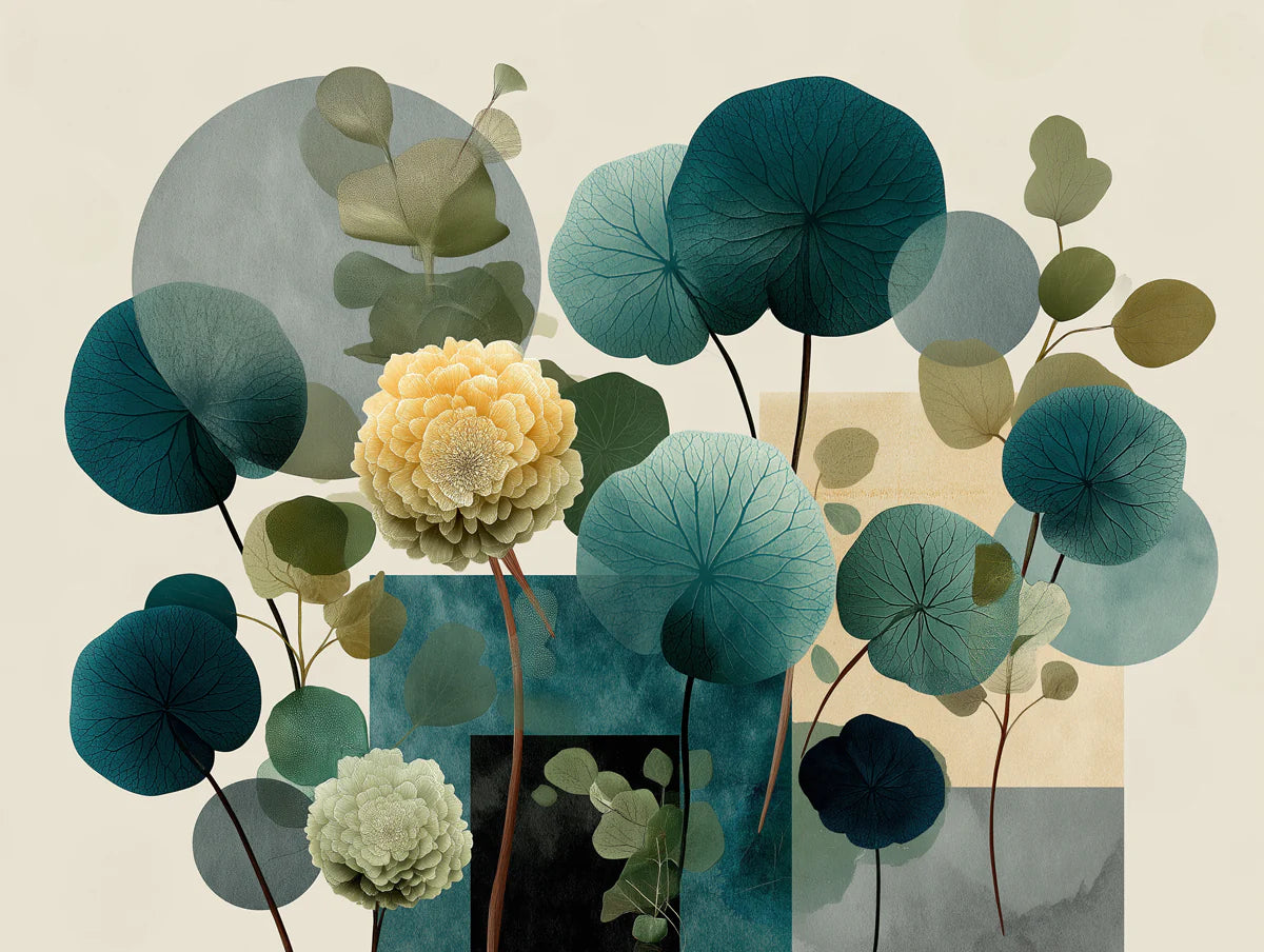 Abstract Botanical Mural Wallpaper — Teal and Ochre Bloom Mural Wallpaper - room preview 02