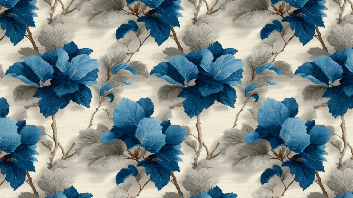 Sculptural Leaf Mural Wallpaper in Deep Blue and Soft Gray Mural Wallpaper - room preview 02
