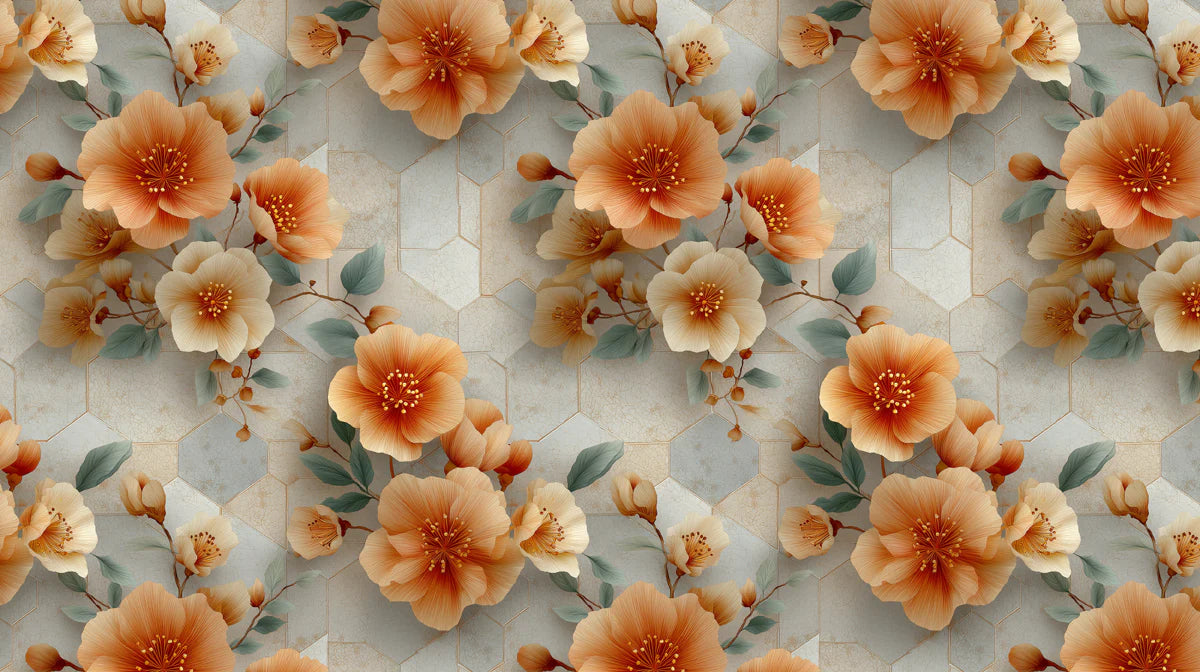 Apricot Floral Tile Mural Wallpaper — Geometric Botanical Print Mural Wallpaper - room preview 02