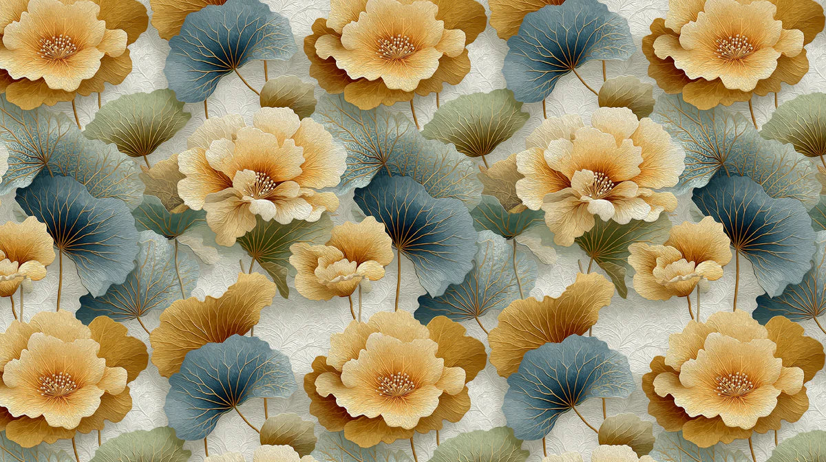 Lotus Fan Botanical Mural Wallpaper — Gold and Teal Garden Mural Wallpaper - room preview 02