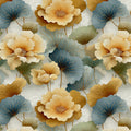 Lotus Fan Botanical Mural Wallpaper — Gold and Teal Garden Mural Wallpaper - room preview 02