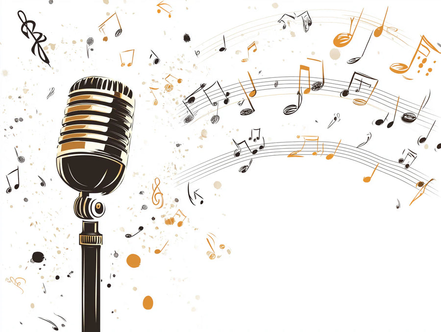 Vintage Wallpaper Mural – Retro Wall Mural – Vintage Microphone & Musical Notes — Artistic Sound printable artwork